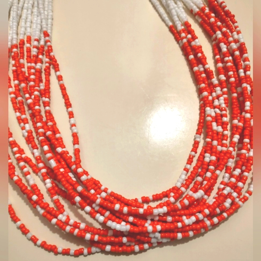 Multi Strand Beaded Necklace & Bracelet Set Orange /White NWOT